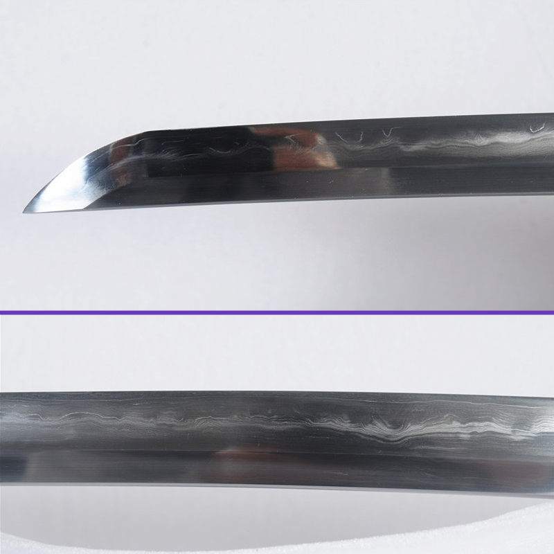 Blade Closeup Alternate - Sanmai Clay-Tempered Between Wave And Straight Hamon Steel Blade - Abstract Forest Iron Tsuba Katana - Swords For Sale