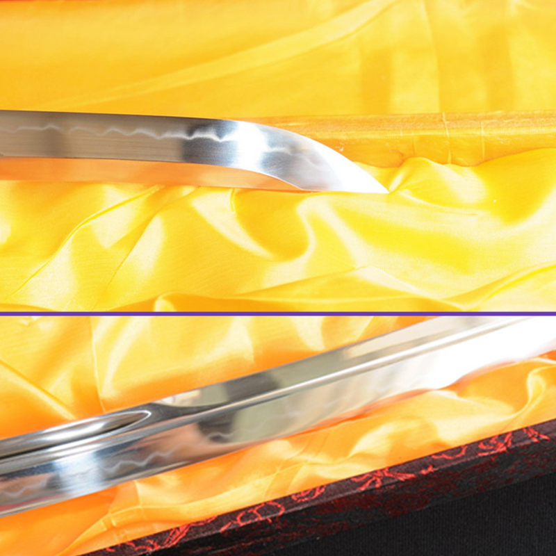 Blade Closeup View - 1095 High-Carbon Clay Steel Blade w/ Tempered Hamon & Double Bohi Steel - Black Rayskin Saya - Swords For Sale