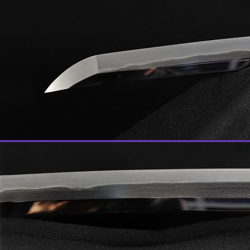 Blade Closeup View - Shihozume Steel Blade w/ Suguha Hamon - Hand-Drawn Black Saya, Blossoms in Bloom Copper Tsuba & Fittings - Swords For Sale