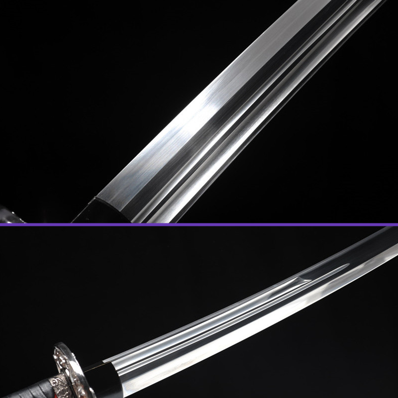 Blade Closeup View Alternate - 1095 High-Carbon Steel Blade w/ Kiriha-Zukuri + Double BoHi - Black Saya, Game of Death Zinc Alloy Tsuba & Fittings - Swords For Sale