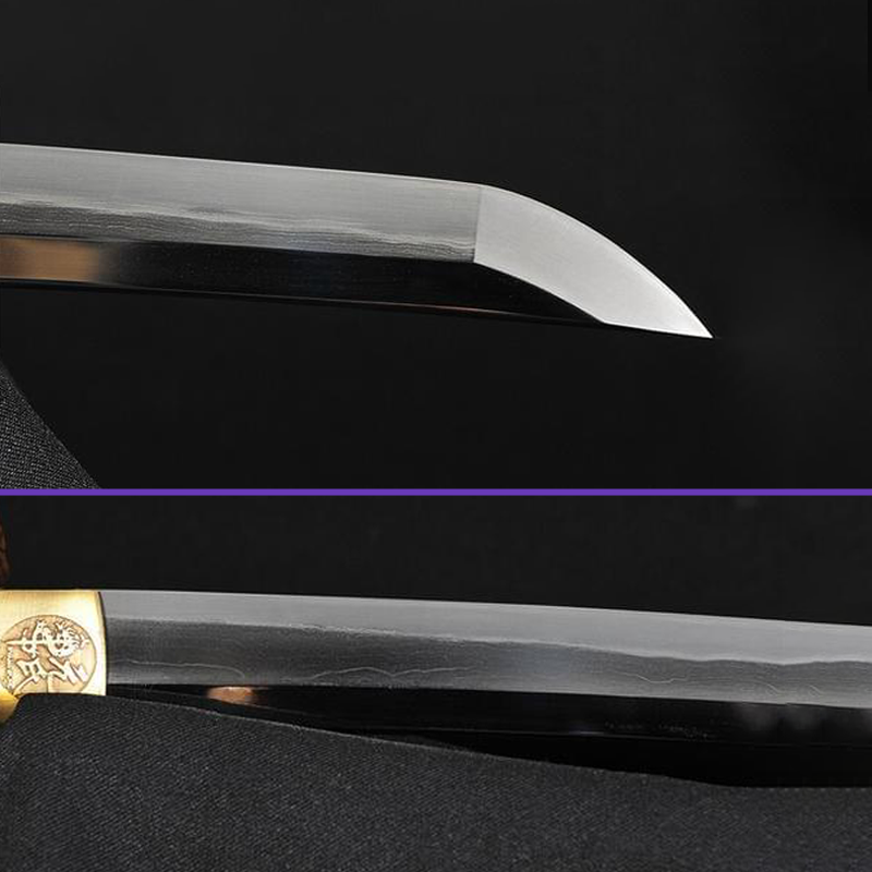 Blade Closeup View Alternate - Shihozume Steel Blade w/ Suguha Hamon - Hand-Drawn Black Saya, Blossoms in Bloom Copper Tsuba & Fittings - Swords For Sale