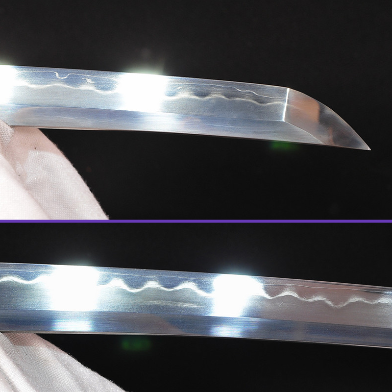 Blade Closeup View - Sanmai Steel Blade w/ Gunome Hamon - Full Rayskin Black Saya Rising Dragon Copper Silver Plated Tsuba & Fittings - Swords For Sale