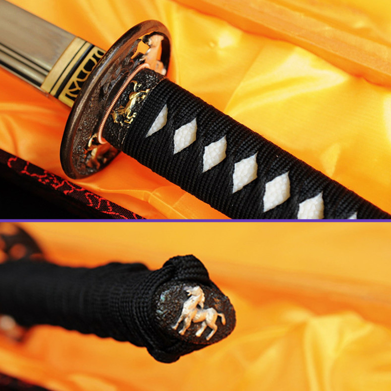 Fuchi Kashira - 1095 High-Carbon Clay Steel Blade w/ Tempered Hamon & Double Bohi Steel - Black Rayskin Saya - Swords For Sale
