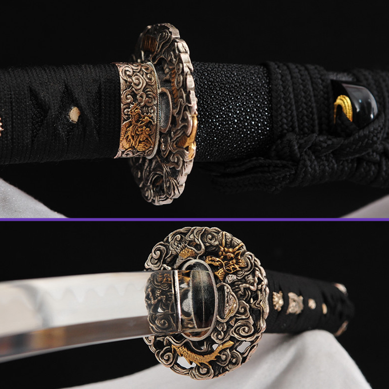 Fuchi & Tsuba View - Sanmai Steel Blade w/ Gunome Hamon - Full Rayskin Black Saya Rising Dragon Copper Silver Plated Tsuba & Fittings - Swords For Sale