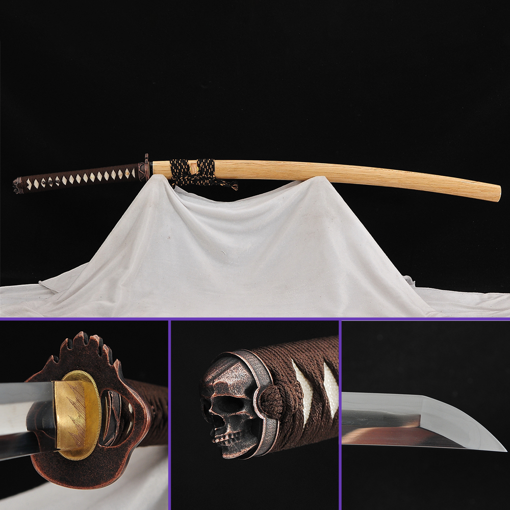 Full View -Sanmai Steel Blade with Sugu Hamon & Skull Shaped alloy r Tsuba & Fittings - Light Hualee Wood Saya Katana - Swords For Sale