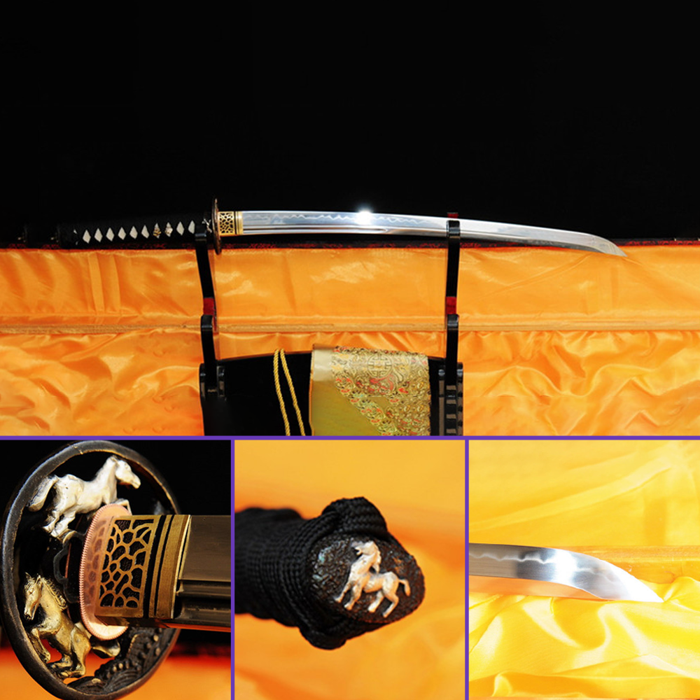 Full View -1095 High-Carbon Clay Steel Blade w/ Tempered Hamon & Double Bohi Steel - Black Rayskin Saya - Swords For Sale