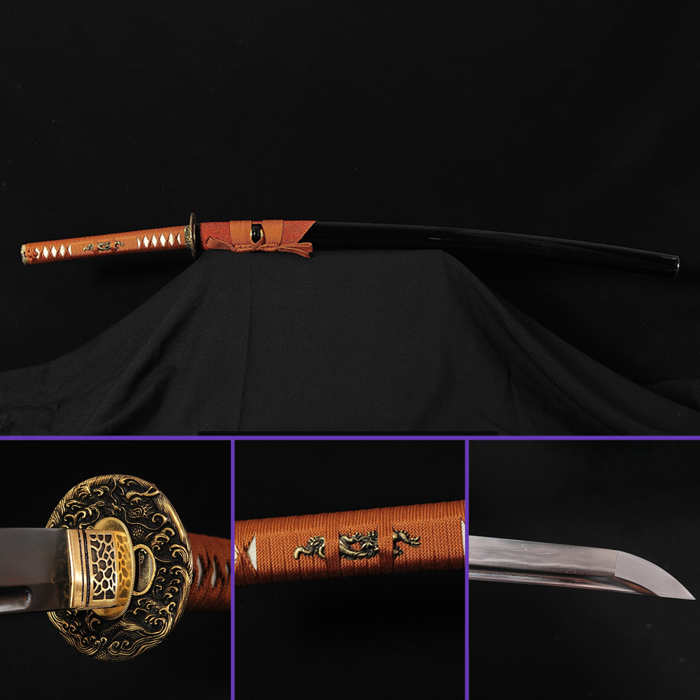 Full View -Sanmai Steel Blade with Between Wave and Straight Hamon & Waves DragonTsuba & Fittings - Black Saya Katana - Swords For Sale
