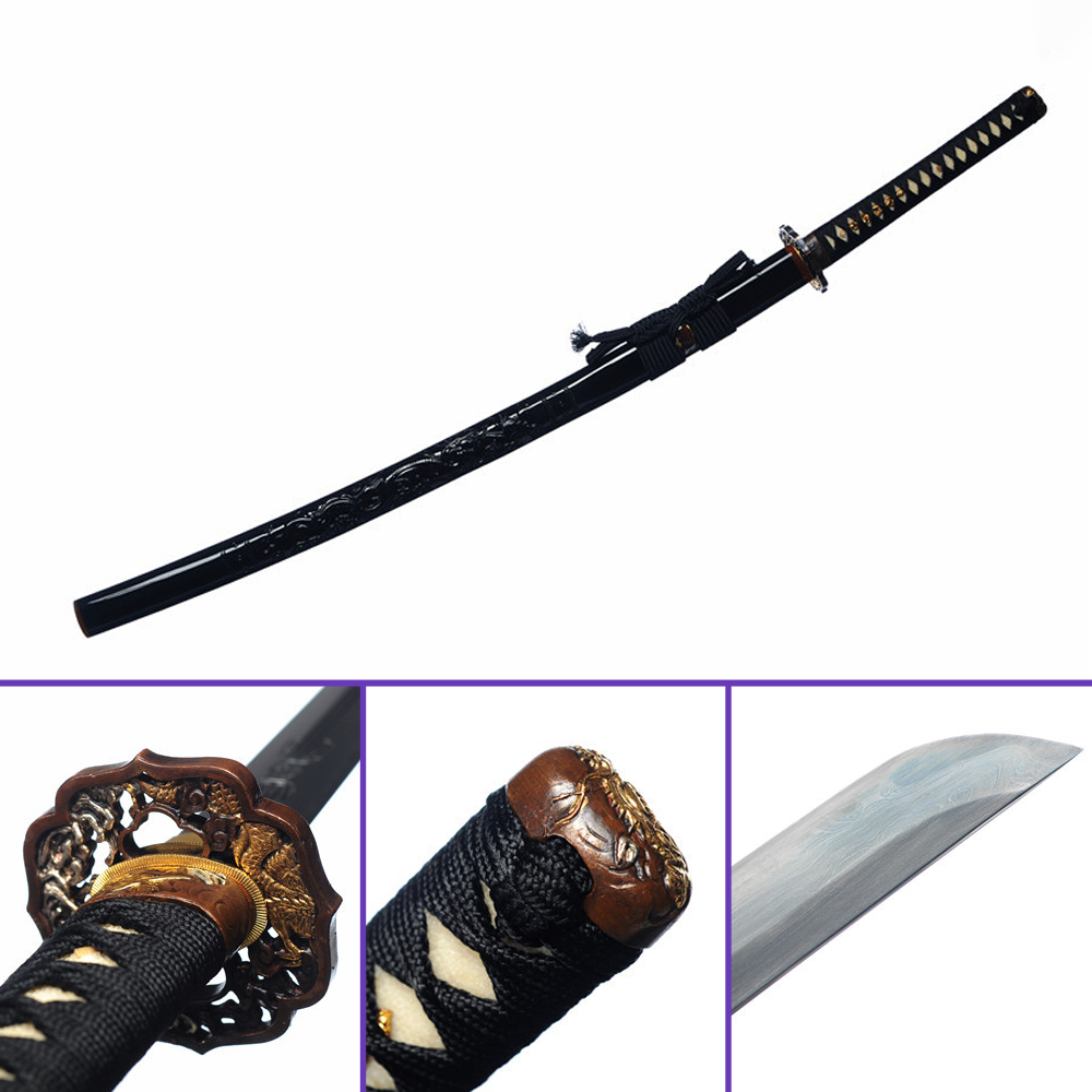 Full View -1095 High-Carbon Engraved Dragon Steel Blade - Premium Black Embossed Saya Katana - Swords For Sale