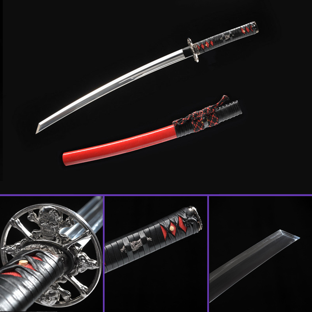 Full View - 1095 High-Carbon Steel Blade w/ Kiriha-Zukuri + Double BoHi - Black Saya, Game of Death Zinc Alloy Tsuba & Fittings - Swords For Sale