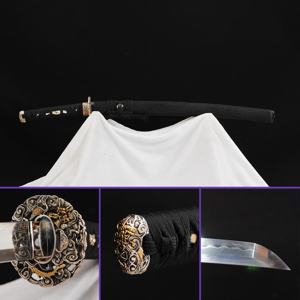 Full View - Sanmai Steel Blade w/ Gunome Hamon - Full Rayskin Black Saya Rising Dragon Copper Silver Plated Tsuba & Fittings - Swords For Sale