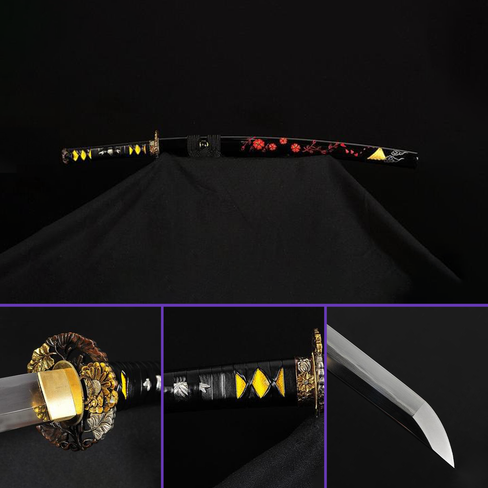 Full View - Shihozume Steel Blade w/ Suguha Hamon - Hand-Drawn Black Saya, Blossoms in Bloom Copper Tsuba & Fittings - Swords For Sale