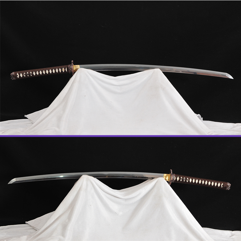 Full View Alternate -Sanmai Steel Blade with Sugu Hamon & Skull Shaped alloy r Tsuba & Fittings - Light Hualee Wood Saya Katana - Swords For Sale