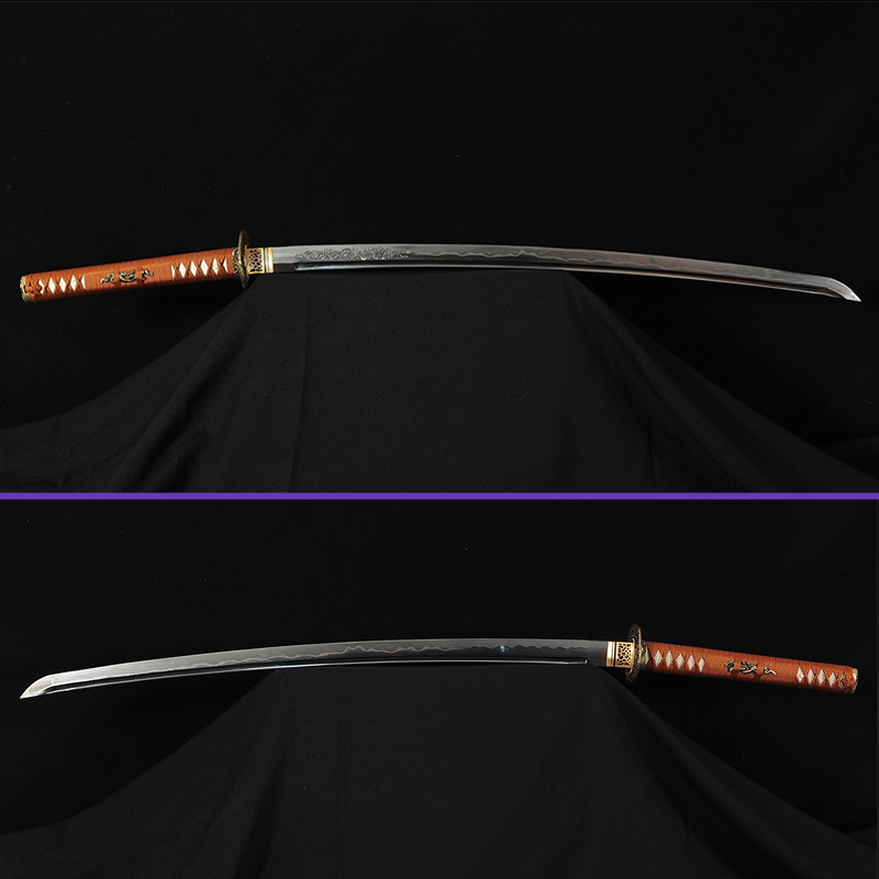 Full View Alternate -Sanmai Steel Blade with Between Wave and Straight Hamon & Waves DragonTsuba & Fittings - Black Saya Katana - Swords For Sale