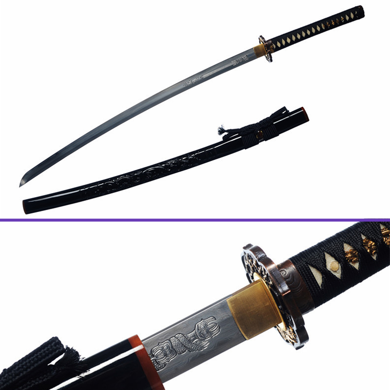 Full View Alternate -1095 High-Carbon Engraved Dragon Steel Blade - Premium Black Embossed Saya Katana - Swords For Sale