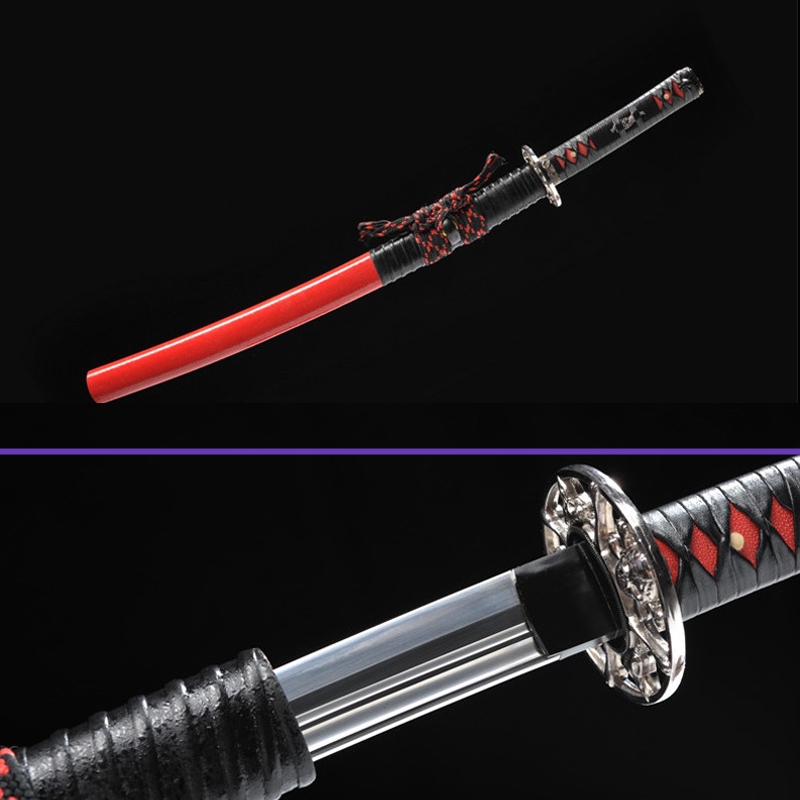 Full View Alternate - 1095 High-Carbon Steel Blade w/ Kiriha-Zukuri + Double BoHi - Black Saya, Game of Death Zinc Alloy Tsuba & Fittings - Swords For Sale