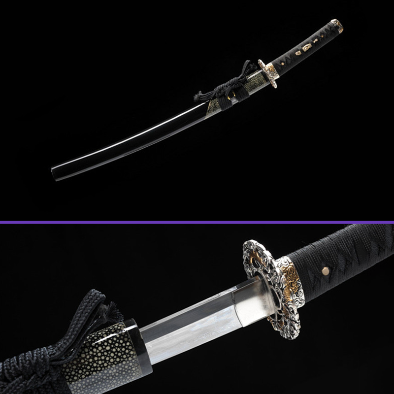 Full View Alternate - Sanmai Steel Blade w/ Gunome Hamon - Heavens Dragon Premium Brass Tsuba & Fittings - Swords For Sale