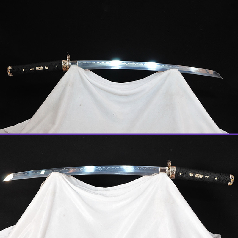 Full View Alternate - Sanmai Steel Blade w/ Gunome Hamon - Full Rayskin Black Saya Rising Dragon Copper Silver Plated Tsuba & Fittings - Swords For Sale