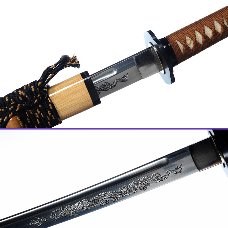 Habaki Blade Closeup Alternate -1095 High-Carbon Engraved Dragon Steel Blade - Light Hualee Wood Saya Katana - Swords For Sale