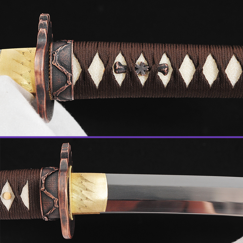 Habaki Fuchi -Sanmai Steel Blade with Sugu Hamon & Skull Shaped alloy r Tsuba & Fittings - Light Hualee Wood Saya Katana - Swords For Sale