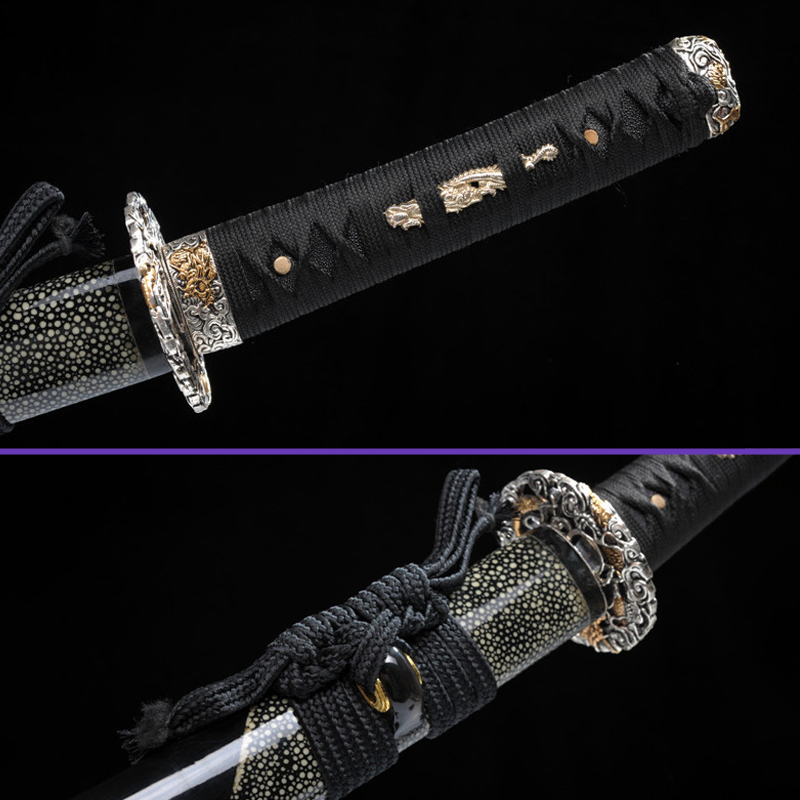 Menuki Sageo View - Sanmai Steel Blade w/ Gunome Hamon - Heavens Dragon Premium Brass Tsuba & Fittings - Swords For Sale