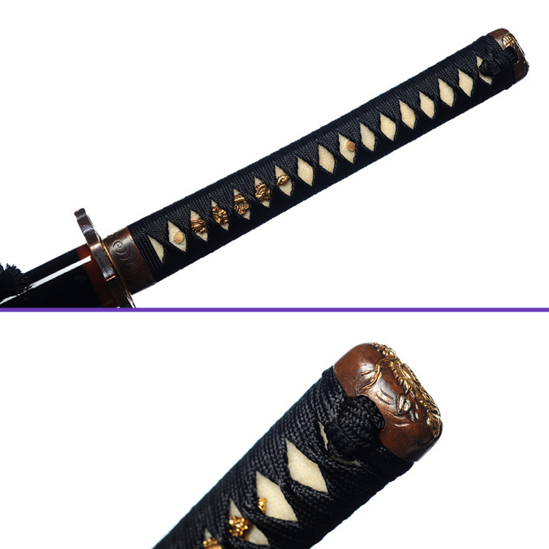 Menuki Same Kashira -1095 High-Carbon Engraved Dragon Steel Blade - Premium Black Embossed Saya Katana - Swords For Sale