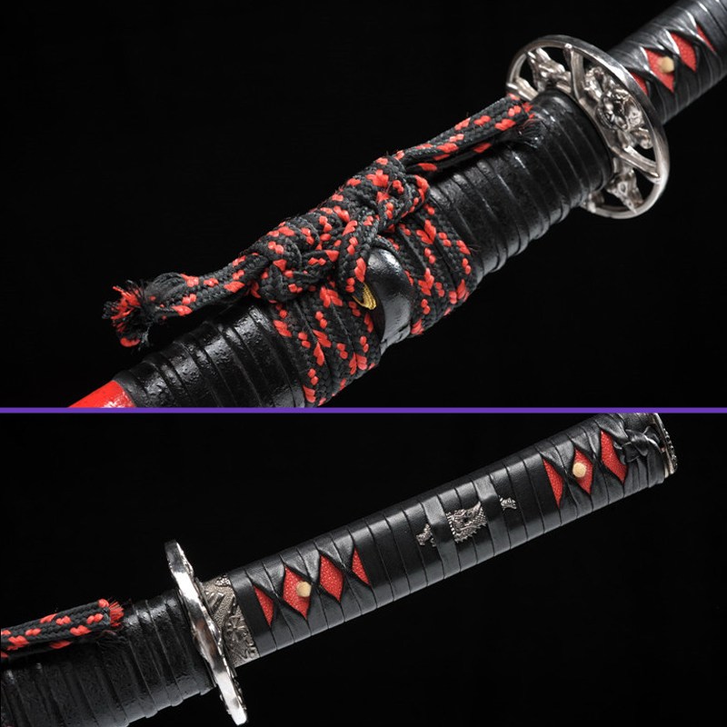 Sageo Menuki - 1095 High-Carbon Steel Blade w/ Kiriha-Zukuri + Double BoHi - Black Saya, Game of Death Zinc Alloy Tsuba & Fittings - Swords For Sale