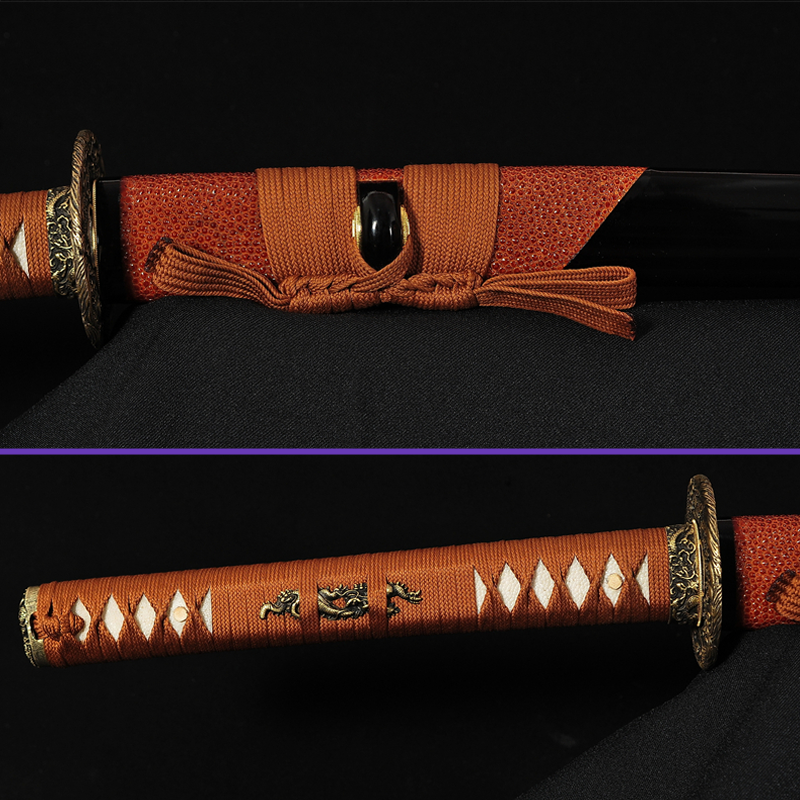Sageo Same Menuki -Sanmai Steel Blade with Between Wave and Straight Hamon & Waves DragonTsuba & Fittings - Black Saya Katana - Swords For Sale