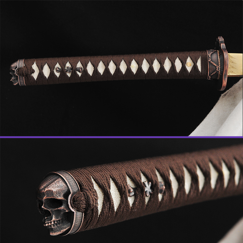 Same Menuki Kashira -Sanmai Steel Blade with Sugu Hamon & Skull Shaped alloy r Tsuba & Fittings - Light Hualee Wood Saya Katana - Swords For Sale