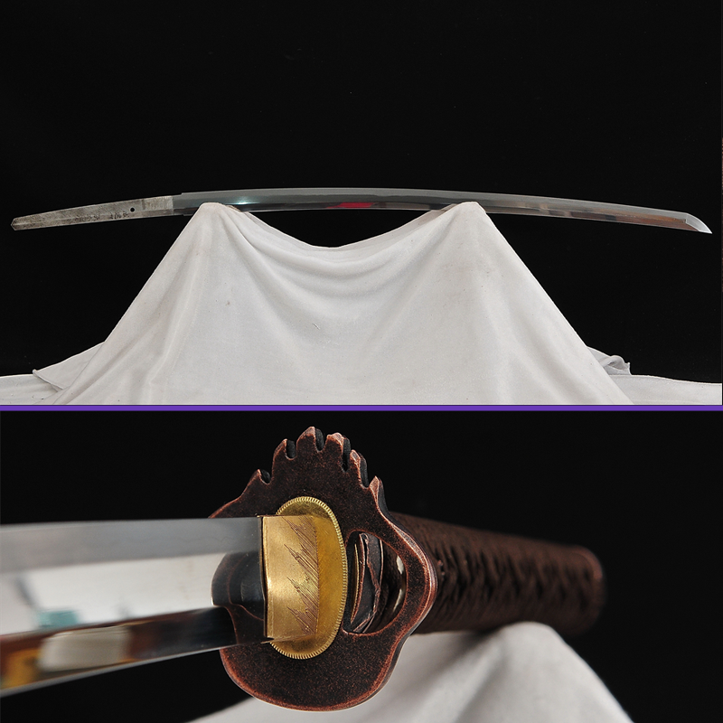 Tsuba Blade -Sanmai Steel Blade with Sugu Hamon & Skull Shaped alloy r Tsuba & Fittings - Light Hualee Wood Saya Katana - Swords For Sale