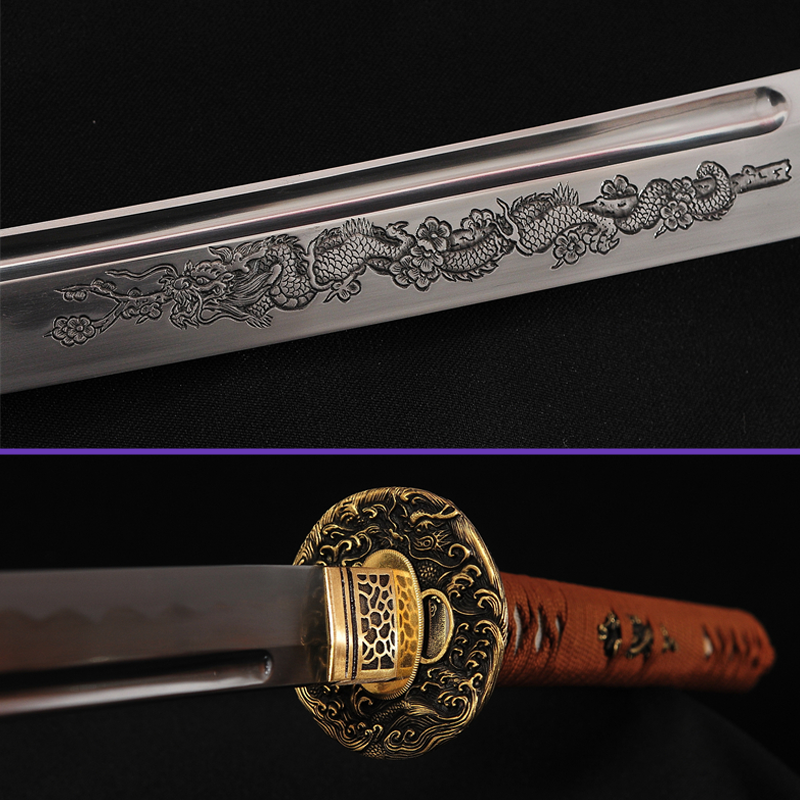 Tsuba Blade Closeup -Sanmai Steel Blade with Between Wave and Straight Hamon & Waves DragonTsuba & Fittings - Black Saya Katana - Swords For Sale