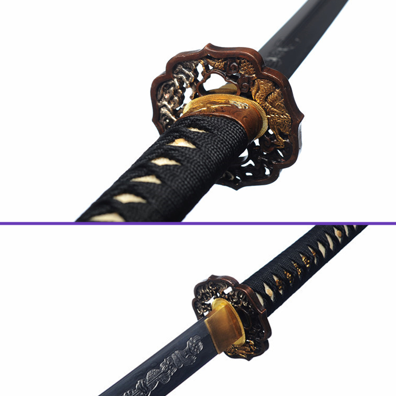 Tsuba Habaki View -1095 High-Carbon Engraved Dragon Steel Blade - Premium Black Embossed Saya Katana - Swords For Sale