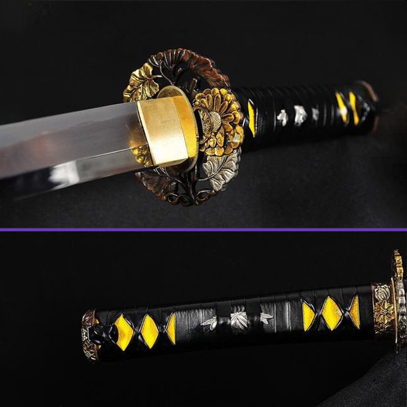 Tsuba Menuki View - Shihozume Steel Blade w/ Suguha Hamon - Hand-Drawn Black Saya, Blossoms in Bloom Copper Tsuba & Fittings - Swords For Sale