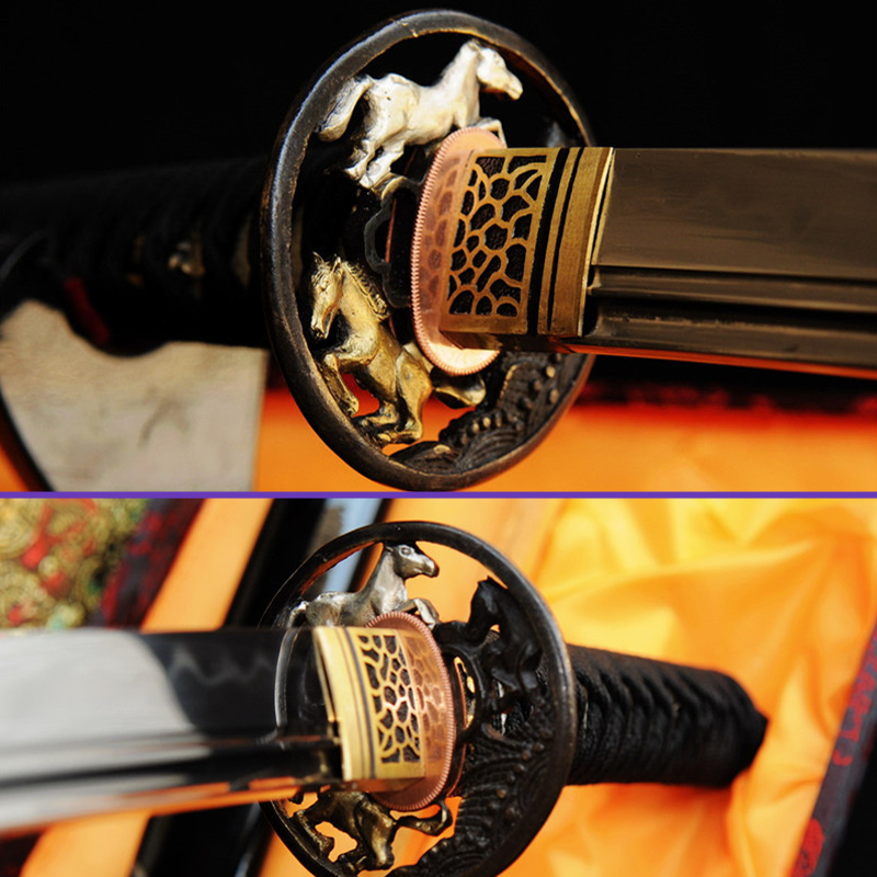 Tsuba Views - 1095 High-Carbon Clay Steel Blade w/ Tempered Hamon & Double Bohi Steel - Black Rayskin Saya - Swords For Sale