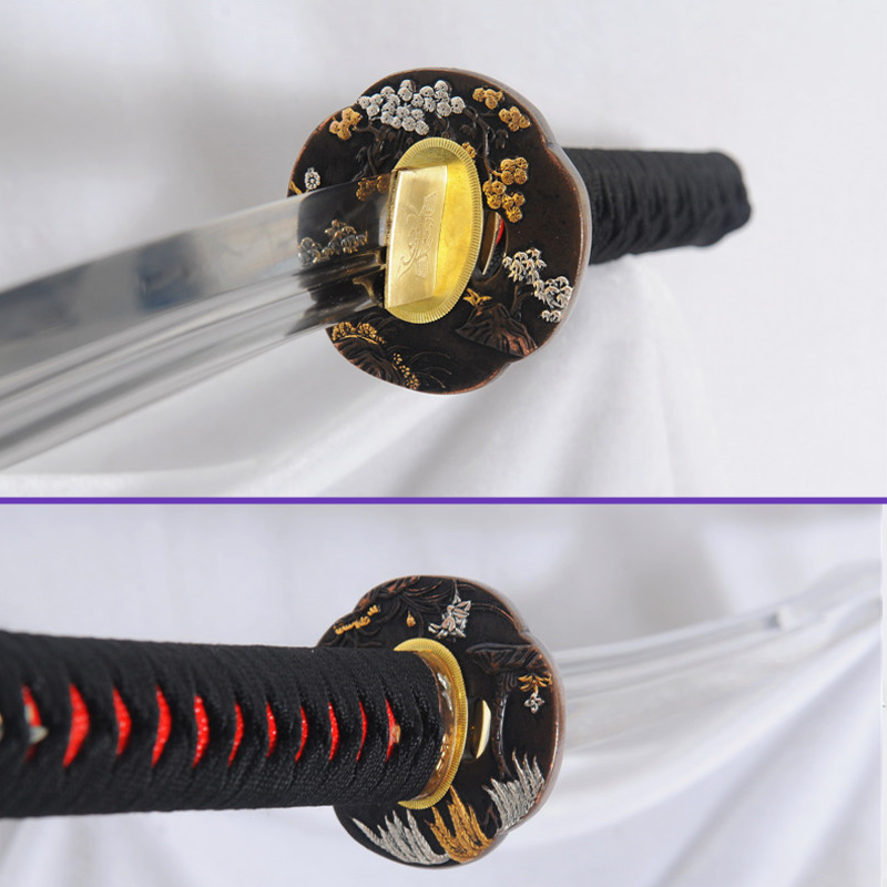 Tsuba Views- 1095 High-Carbon Kanmuri-Otoshi Clay-Tempered Notare Hamon Steel Blade - Ultimate Saya Katana Swords For Sale