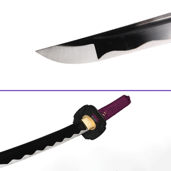 Blade Closeup View - 1060 Carbon Steel Blade with Notare (Wave) Abrasive Hamon & Single Bo-Hi, Black Glossy Saya, Dark Purple Rayon Handle Wrap, Brass Tsuba & Fittings Blade Closeup View - 1060 Carbon Steel Blade with Notare (Wave) Abrasive Hamon & Single Bo-Hi, Black Glossy Saya, Dark Purple Rayon Handle Wrap, Brass Tsuba & Fittings