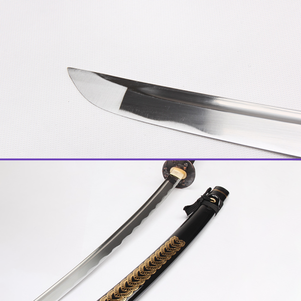 Blade Closeup View  -  1045 High-Carbon Steel Blade with Notare (Wave) Hamon &  Single Bo-Hi, Black Glossy Saya, Black Rayon Handle Wrap, Brass Tsuba & Fittings Blade Closeup View - 1045 High-Carbon Steel Blade with Notare (Wave) Hamon &  Single Bo-Hi, Black Glossy Saya, Black Rayon Handle Wrap, Brass Tsuba & Fittings