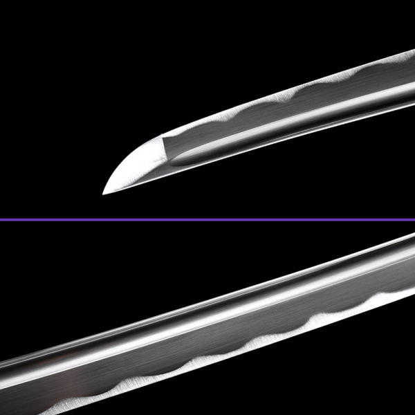 Blade Closeup View - 1045 High-Carbon Steel Blade w/ Notare Hamon & Single Bo-Hi, Black Glossy Saya, Black Rayon Handle Wrap, Simple Opening Iron Tsuba & Fittings Blade Closeup View - 1045 High-Carbon Steel Blade w/ Notare Hamon & Single Bo-Hi, Black Glossy Saya, Black Rayon Handle Wrap, Simple Opening Iron Tsuba & Fittings