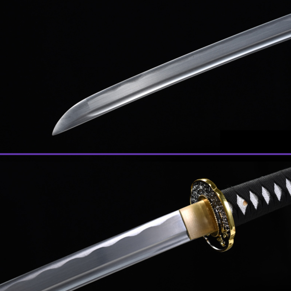 Blade Closeup View - 1045 High-Carbon Steel Blade w/ Notare Hamon & Single Bo-Hi, Black Saya, Black Handlewrap, Zinc Alloy Tsuba & Fittings Blade Closeup View - 1045 High-Carbon Steel Blade w/ Notare Hamon & Single Bo-Hi, Black Saya, Black Handlewrap, Zinc Alloy Tsuba & Fittings