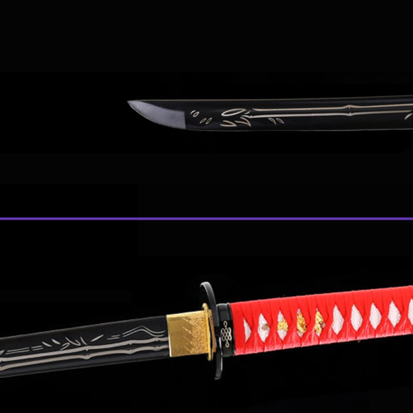 Blade Closeup View - 1045 High-Carbon Steel Blade w/ Black Coloring & Notare Hamon, Black Matte Saya, Red Handle wrap, Zinc Alloy Tsuba & Fittings