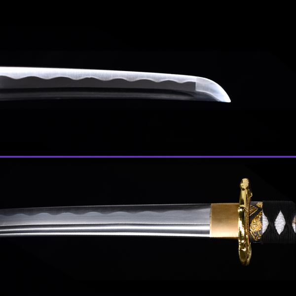 Blade Closeup View - 1045 High-Carbon Steel Blade with Notare Hamon &  Single Bo-Hi, Black Glossy Saya, Black Handle wrap, Zinc Alloy & Brass Tsuba & Fittings Blade Closeup View - 1045 High-Carbon Steel Blade with Notare Hamon &  Single Bo-Hi, Black Glossy Saya, Black Handle wrap, Zinc Alloy & Brass Tsuba & Fittings