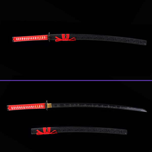 Full View Alternate - 1045 High-Carbon Steel Blade w/ Black Coloring & Notare Hamon, Premium Black Saya, Red Handle wrap, Zinc Alloy Tsuba & Fittings Full View Alternate - 1045 High-Carbon Steel Blade w/ Black Coloring & Notare Hamon, Premium Black Saya, Red Handle wrap, Zinc Alloy Tsuba & Fittings