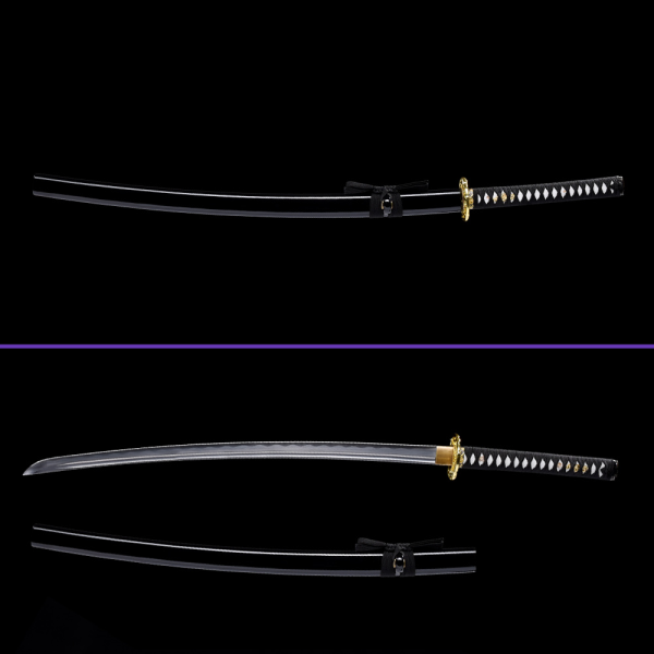 Full View Alternate - 1045 High-Carbon Steel Blade with Notare Hamon &  Single Bo-Hi, Black Glossy Saya, Black Handle wrap, Zinc Alloy & Brass Tsuba & Fittings Full View Alternate - 1045 High-Carbon Steel Blade with Notare Hamon &  Single Bo-Hi, Black Glossy Saya, Black Handle wrap, Zinc Alloy & Brass Tsuba & Fittings