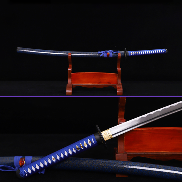 Full View Alternate - 1045 High-Carbon Steel Blade w/ Notare Hamon & Single Bo-Hi, Golden Blue Saya, Blue Handle wrap, Enflowered Opening Zinc Alloy Tsuba & Fittings Full View Alternate - 1045 High-Carbon Steel Blade w/ Notare Hamon & Single Bo-Hi, Golden Blue Saya, Blue Handle wrap, Enflowered Opening Zinc Alloy Tsuba & Fittings