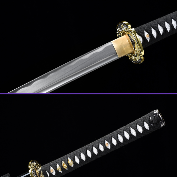 Habaki Same Ito - 1045 High-Carbon Steel Blade w/ Notare Hamon & Single Bo-Hi, Flower Engravings on Black Saya, Black Handlewrap, The Emperor’s Dragon Zinc Alloy Tsuba & Fittings Habaki Same Ito - 1045 High-Carbon Steel Blade w/ Notare Hamon & Single Bo-Hi, Flower Engravings on Black Saya, Black Handlewrap, The Emperor’s Dragon Zinc Alloy Tsuba & Fittings