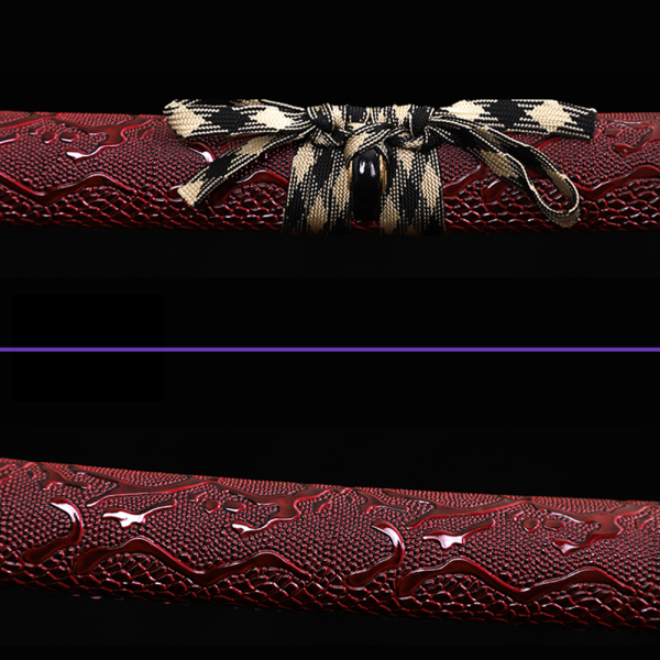 Sageo Saya - 1045 High-Carbon Steel Blade w/ Black Coloring & Notare Hamon, Red Leather Premium Saya, Black & Light Gold Handle wrap, Zinc Alloy Tsuba & Fittings Sageo Saya - 1045 High-Carbon Steel Blade w/ Black Coloring & Notare Hamon, Red Leather Premium Saya, Black & Light Gold Handle wrap, Zinc Alloy Tsuba & Fittings