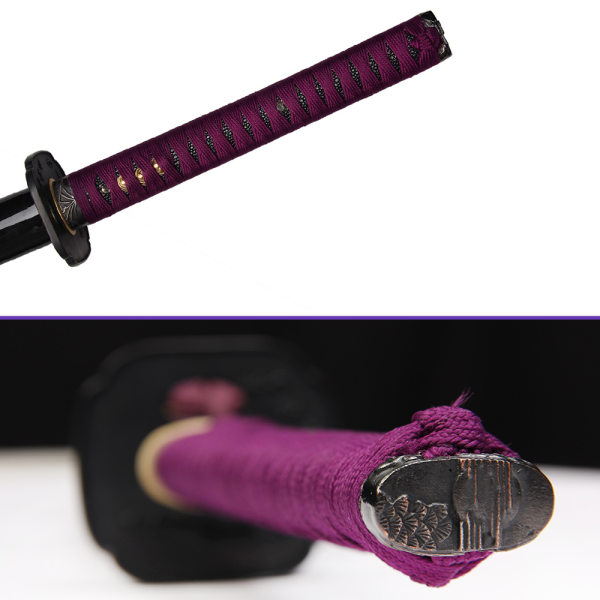 Same Ito Kashira - 1060 Carbon Steel Blade with Notare (Wave) Abrasive Hamon & Single Bo-Hi, Black Glossy Saya, Dark Purple Rayon Handle Wrap, Brass Tsuba & Fittings Same Ito Kashira - 1060 Carbon Steel Blade with Notare (Wave) Abrasive Hamon & Single Bo-Hi, Black Glossy Saya, Dark Purple Rayon Handle Wrap, Brass Tsuba & Fittings