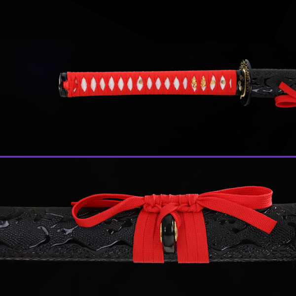 Same Ito Sageo - 1045 High-Carbon Steel Blade w/ Black Coloring & Notare Hamon, Premium Black Saya, Red Handle wrap, Zinc Alloy Tsuba & Fittings Same Ito Sageo - 1045 High-Carbon Steel Blade w/ Black Coloring & Notare Hamon, Premium Black Saya, Red Handle wrap, Zinc Alloy Tsuba & Fittings