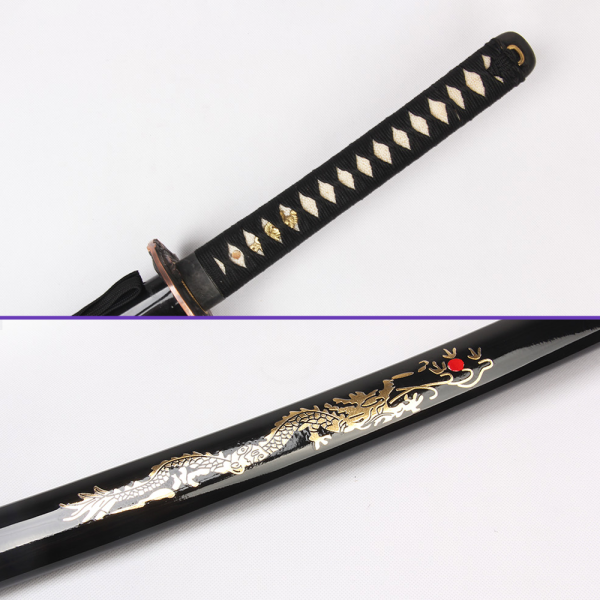 Same Ito Saya  - 1045 High-Carbon Steel Blade with Notare (Wave) Hamon &  Single Bo-Hi, Dragon Engravings on Black Glossy Saya, Black Rayon Handle Wrap, Zinc Alloy Tsuba & Fittings Same Ito Saya - 1045 High-Carbon Steel Blade with Notare (Wave) Hamon &  Single Bo-Hi, Dragon Engravings on Black Glossy Saya, Black Rayon Handle Wrap, Zinc Alloy Tsuba & Fittings