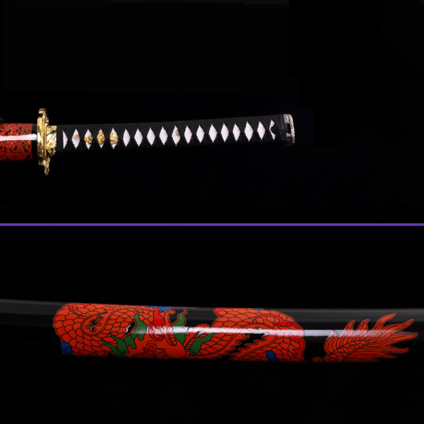 Same Ito Saya - 1045 High-Carbon Steel Blade w/ Hamon & Single Bo-Hi, Handrawn Dragon on Black Rayon Premium Saya, Black Handle wrap, The Emperor’s Dragon Tsuba & Fittings Same Ito Saya - 1045 High-Carbon Steel Blade w/ Hamon & Single Bo-Hi, Handrawn Dragon on Black Rayon Premium Saya, Black Handle wrap, The Emperor’s Dragon Tsuba & Fittings