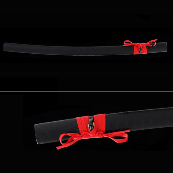 Saya Sageo - 1045 High-Carbon Steel Blade w/ Black Coloring & Notare Hamon, Black Matte Saya, Red Handle wrap, Zinc Alloy Tsuba & Fittings Saya Sageo - 1045 High-Carbon Steel Blade w/ Black Coloring & Notare Hamon, Black Matte Saya, Red Handle wrap, Zinc Alloy Tsuba & Fittings